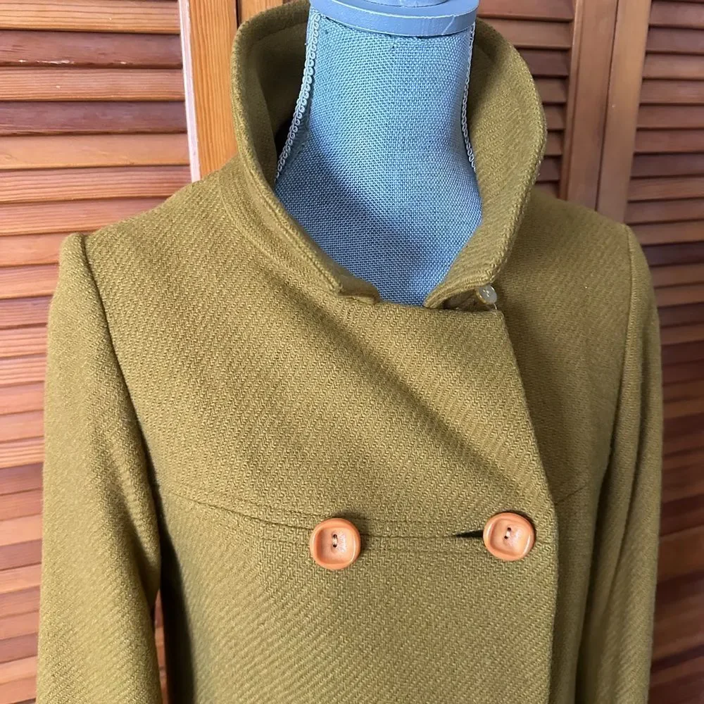 Vintage 1960s Mustard Double-Breasted Trench Coat Satin Lined Wool
